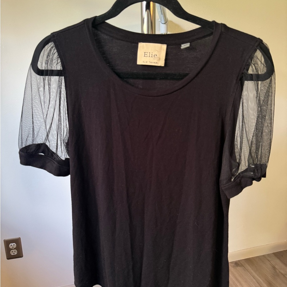 Elie Tahari Black Top with Mesh Sleeves